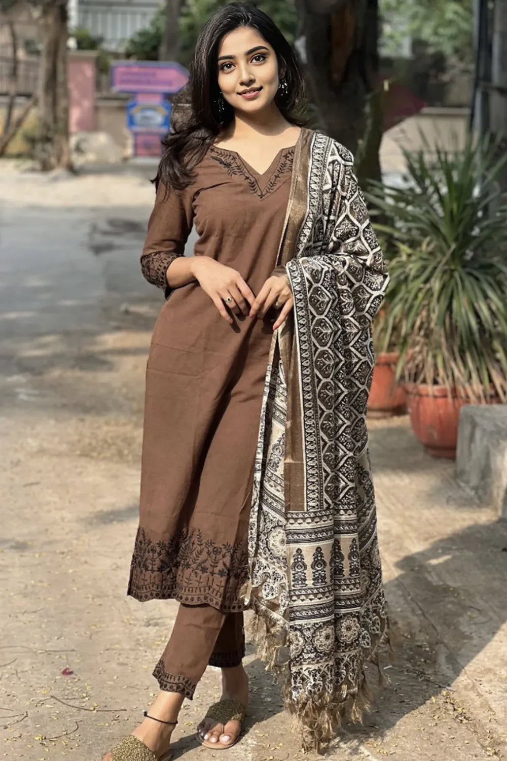 Khadi cotton kurti with intricate embroidery work on neck