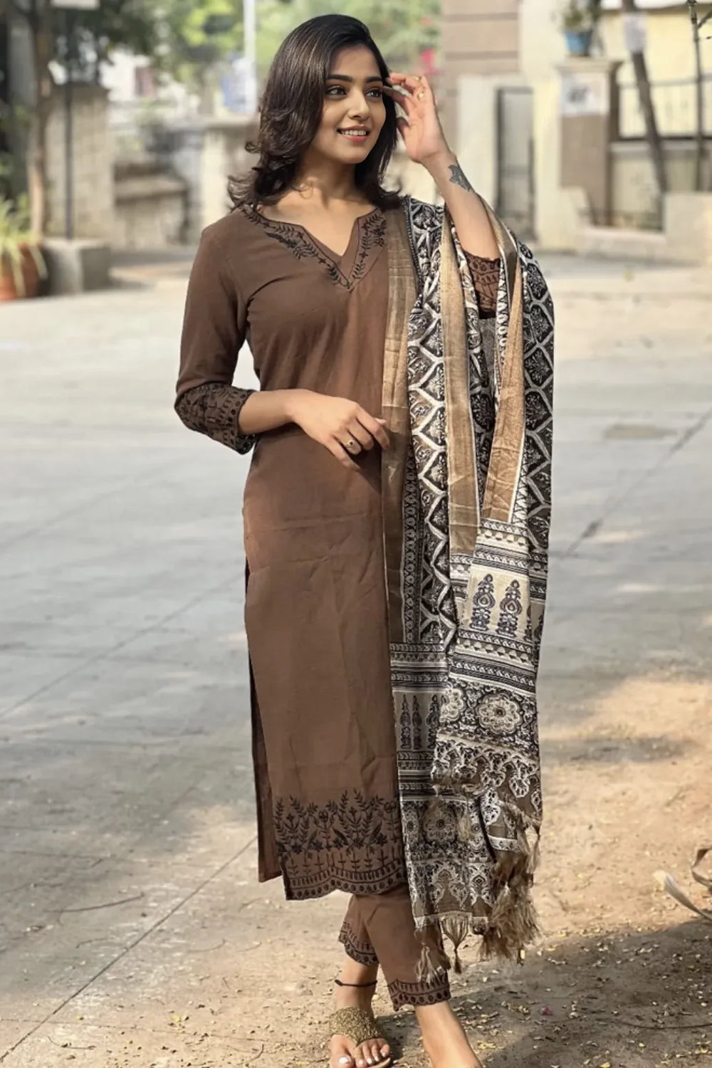Khadi cotton kurti with intricate embroidery work on neck